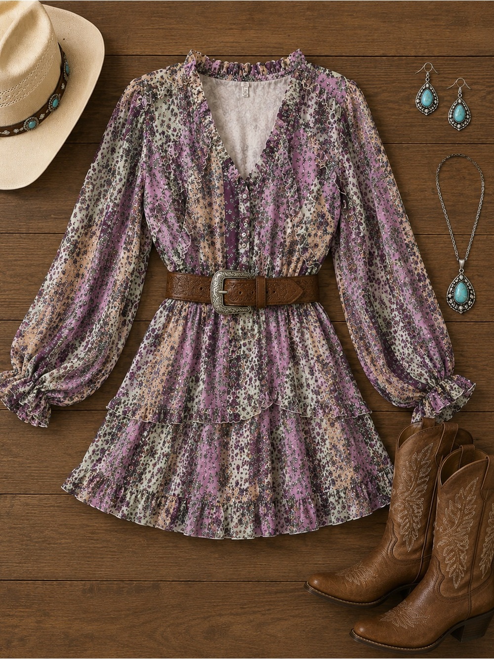 Versona Lavender Floral Tiered V-Neck Mini Dress